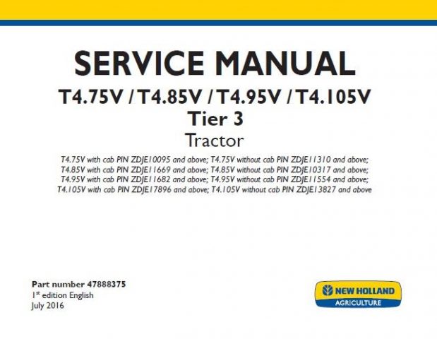 New Holland T4.75V , T4.85V , T4.95V , T4.105V Tier 3 Tractor Service ...